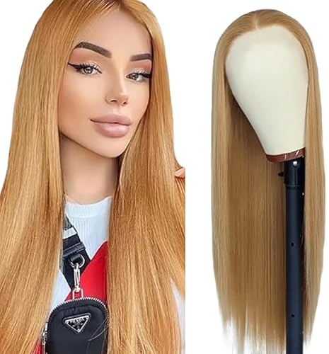 Weeybay Echthaar Perücke Straight Human Hair Wig Glueless Wear and Go 4X1 Lace Closure PerüCken Damen with Baby Hair Honey Blonde Color Bleached Knot for Woman 32 Zoll
