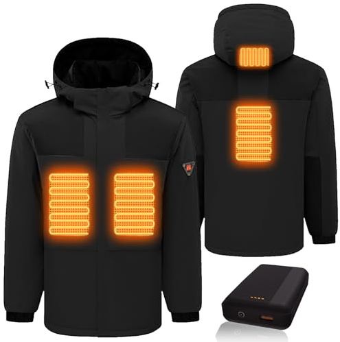 Ylightn Beheizte Jacke für Herren 7.4V Akku, Elektrische Beheizte Heizweste mit Abnehmbare Kapuze, Wasserdicht Winddicht Heizjacke zum Outdoor Skijacke Jagdjacke (Men Black, L/Large)