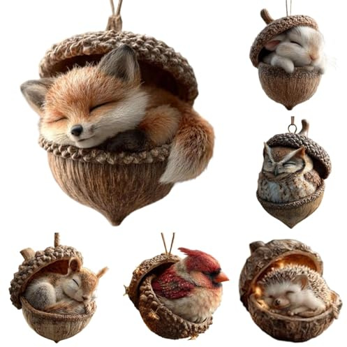 Weihnachtsbaumschmuck Set mit 6 Schlafenden Waldtieren – Acryl-Anhänger in Eichel-Form (8,5 cm) für Baum, Fenster & Rustikale Wald-Deko