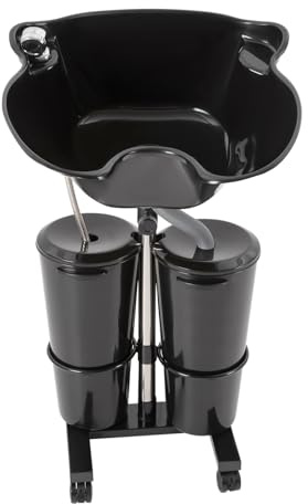 Lavabo móvil para peluquería, lavabo hacia atrás, altura ajustable, lavabo negro con 2 cubos y mangueras de drenaje para el hogar, salón de peluquería,