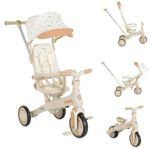 Byox Dreirad, Tricycle Juno 4 in 1 Laufrad Schiebegriff Sitzdrehung Sonnendach weiß beige