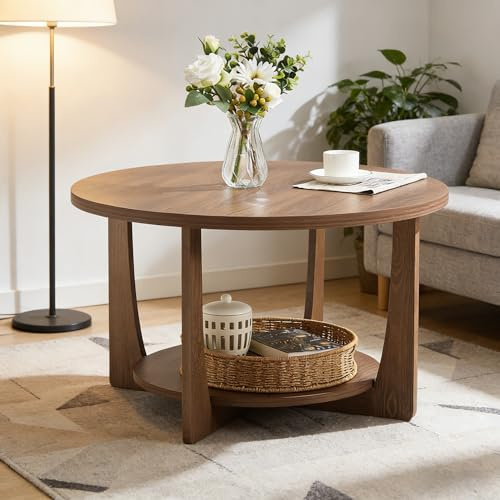 Bekrvio Runder Couchtisch 80 cm Holz mit Ablage, Wohnzimmertisch mit Stauraum, 2 Ebenen Sofatisch aus Kiefernholz, Stabil & Langlebig, Skandinavisch Holz Couchtisch Braun