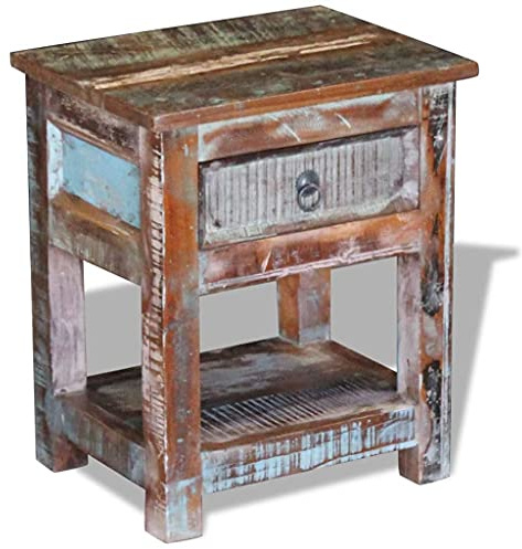 Vorpalize Beistelltisch Holz mit 1 Schublade 43x33x51 cm Massiv Altholz Couchtisch Wohnzimmertisch Retro Nachttisch Balkontisch Kleiner Tisch für Wohnzimmer Sofa Möbel Deko
