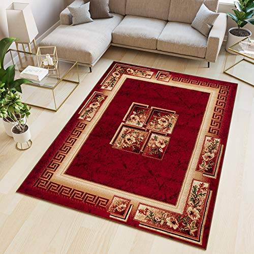 TAPISO Atlas Teppich Kurzflor Blumen Griechisch Floral Bordüre Meliert Rot Beige Vintage Modern ÖKOTEX 250 x 350 cm