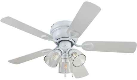 Portage Bay Ceiling Renton 42 White Indoor Fan with Clear 3 Light LED Multi Arm E26/B11 Bulb and Pull-Chains, Traditional Style, 5 Reversible Gray Oak Blades, 51438, 42 Inch