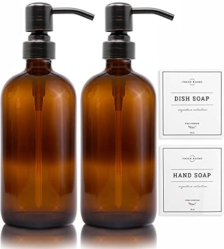 Vine Creations Amber Glass Soap Dispenser 2 Pack, Thick 16oz Bottles Rustproof Stainless Steel Pump, Kitchen Bathroom Accessories, Hand Dish Soap Dispenser, Waterproof Labels (Round Oil Rubbed Bronze)