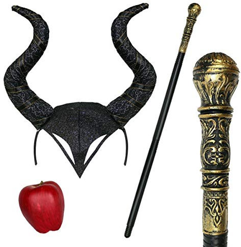 Evil Witch Halloween Gothic Horn Cosplay Fancy Dress Headband & Staff - Black