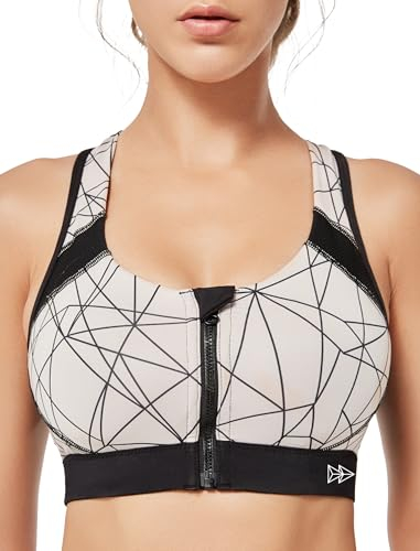 Yvette Damen Sport BH Starker Halt Vorderverschluss Gepolstert Ringerrücken Lauf Joggen Reiten Bra,Nude/Schwarz,L Große Größen