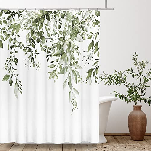 Tititex Olivgrünes Eukalyptus-Duschvorhang-Set, Aquarellblätter auf der Oberseite, Pflanze mit Blumen-Badezimmer-Dekoration, 183 x 198 cm, mit Haken