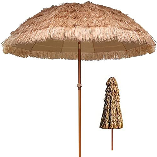 1.7M Hawaiian Beach Umbrella Garden Parasol,Outdoor Grand Parapluie Rond,Imitation Paille Parasol,Protection UV Imperméable Couleur Naturelle,Pas De Base,Pas D'Inclinaison