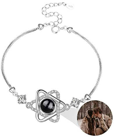 Liskanap 925 Sterling Silber Personalisierte Foto Armband mit Bild Projektion Armband im Stein Ich liebe dich Armband 100 Sprachen für Damen Herz Denkmal der Liebe Schmuckgeschenk (Silber-Stern)