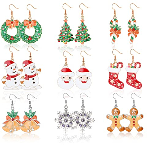 YADOCA 9 Paare Weihnachten Ohrringe Set für Damen Mädchen Weihnachten Ohrstecker Schneemann Weihnachtsmann Glocken Kranz Weihnachtsbaum Schneeflocke Hängend Ohrringe Weihnachtsschmuck