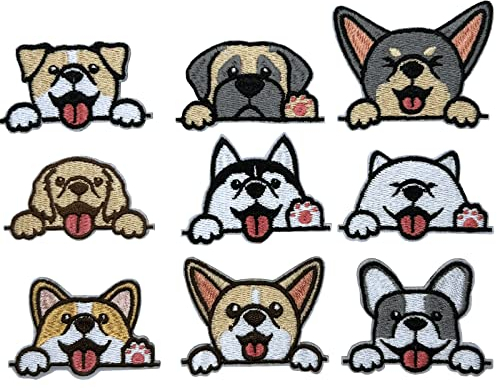 Qusmeiyici 9Pcs Cute Small Pocket Dog Embroidered Applique Patches, Sew on /Iron on Patches for Clothing, Jackets, Jeans, Backpacks, Hats, Arts Craft Sew Making