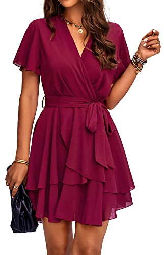 Jiraewh Damen Elegant Kurz Kleid V-Ausschnitt Kurzarm Chiffon Sommerkleid Einfarbig Cocktailkleid Rockabilly Hochzeit Falten Minikleid (5086-WR,XL)