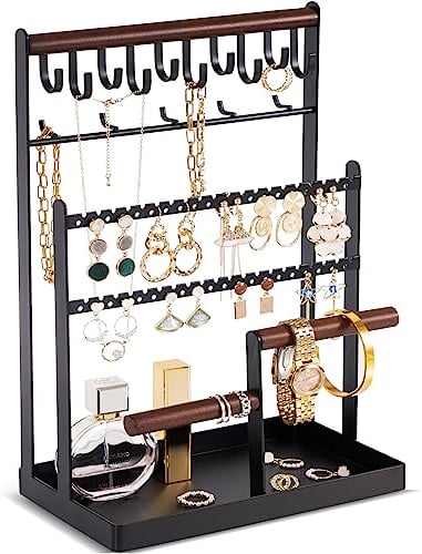 ProCase Schmuckständer Schmuckhalter für Ohrring Ohrstecker Ketten Schmuck Organizer Jewelry Ständer mit 15 Haken, 40 Löcher Ohrringhalter Schmuckaufbewahrung für Halsketten Armbänder Ringe -Schwarz