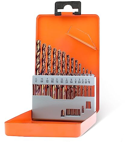 KENDO 13PCS Cobalt Drill Bit Set(1/16-1/4), M35 High Speed Steel, 135 Degree Tip, Twist Jobber Length Drill Bits Set for Hard Metal, Stainless Steel, Cast Iron and Wood with Metal Storage Case