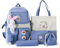 Myyunhx Rucksack für Mädchen Set von 5 Leinwand Schulmädchen Rucksack Kawaii versammelte Rucksack mit Plüsch Kaninchenanhänger und Cartoon Aufkleber Kinder Plüsch Rucksack für Teen Mädchen (Blau)