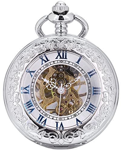 ManChDa Unisex Taschenuhr Mit Kette Analog Handaufzug Antik Skelett Lupe Taschenuhren Für Herren Mechanische Vintage Taschenuhr Handaufzug Herren Silber Taschen Uhr