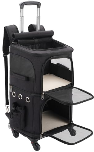 FASNATI Großer Katzentransportbox für 2 Katzen bis 12kg, Katzentransporttasche für 2 Katzen mit Abnehmbare Rollen, Faltbar Katzen Transportboxen für 2 Katzen, kleine Hunde, Schwarz
