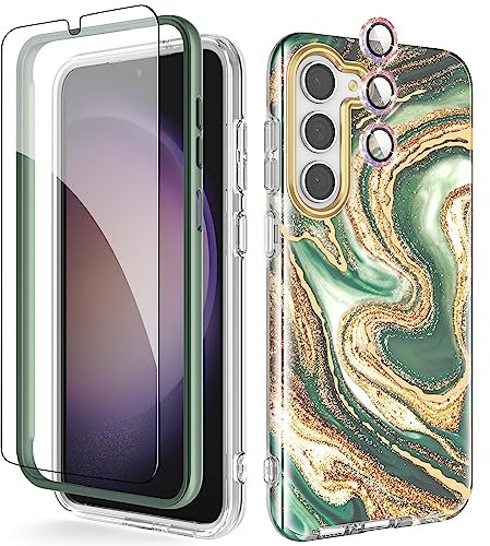 Chvelop 4-in-1 Samsung Galaxy S23 Plus Hülle mit Schutzfolie + Stoßfänger & Kameraschutz | Militärischer Stoßfest 360°-Schutz, Glänzend Fade-Resistant Muster-Design Handy Case (Grün)