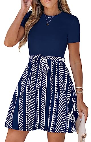 CUPSHE Damen-Minikleid, Geo-Print, Gürtel, Kombikleid, kurze Ärmel, Rundhalsausschnitt, lässige Sommerkleider, A-Linie, Cocktail, Marineblau, XL