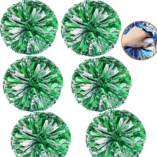 6 STK Pom Poms Cheerleading, Cheerleader Pompoms, 12 Zoll Metallic Cheerleading Pompoms, Cheer Poms mit Griff, Cheerleader Pompons Handblumen Für Sport Tanz Jubelnde Kinder Erwachsene (Grün+Silber)