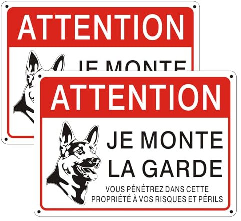 Upifen 2pcs Panneau Attention au Chien Aluminium Réfléchissant 250×180MM,Panneau Je Monte La Garde Métallique Résistant aux Intempéries, Imperméable et Résistant aux UV