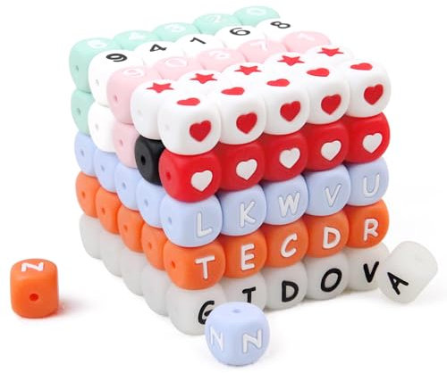 YISHEOO 128PCS Silicone Letter Beads, 3 Sets of Letter and Number Silicone Beads, 2 Sets of Heart and Star Pattern Beads. The Glow in The Dark Silicone Alphabet Beads Add More Fun.