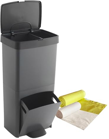 Pack Cubo de basura reciclaje residuos 70L, VERTICAL 2 Compartimentos 76 cm. INCLUYE 150 bolsas de basura adaptadas 5 rollos 30L + 5 rollos 10L