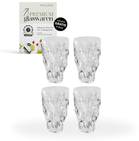 7 O'CLOCK Gläser 4er Set + Getränke Rezept E-Book | Design Ocean Glass Miami Long | Trinkgläser Eiskaffeegläser Cocktailgläser Longdrinkgläser Wasser Tee Kaffee | Spülmaschinenfest langlebig | 320ml