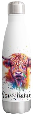 Vixar Highland Cow Personalised Custom Bottle with your Text/name Watercolour Scottish farm Animals Bottle Double Wall Insulated Stainless Steel Sport Drinks 500ml HC4