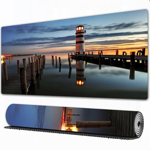 EOMKSE Mauspad Verlängertes großes Mauspad Schreibtischauflage,genähte Kanten Mauspad,Gummibasis,Leuchtturm bei Nacht in Österreich,Gaming-Mauspad,40x75 cm