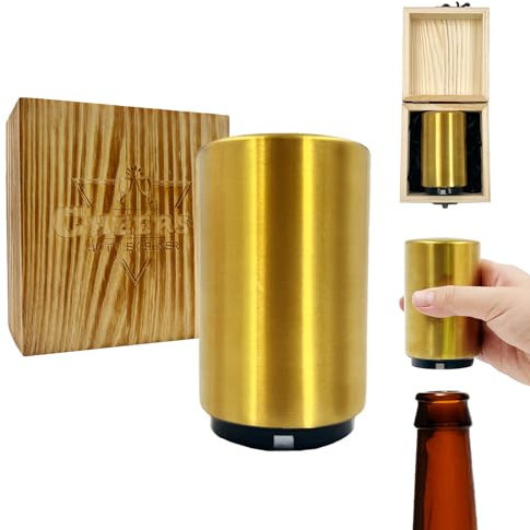 Daily Treasures Automatic Beer Bottle Opener,Magnetic Bottle Openers with Wooden Box,Push Down Bottle Opener, Soda Destapador No Damage to Caps,Stainless Steel Cap Catcher for Bars Man's Gifts (Gold)