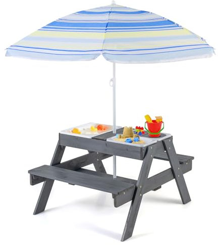 COSTWAY 4 en 1 Mesa Picnic Infantil, Mesa Picnic Madera con 3 Contenedores y Tapas Extraíbles, Sombrilla Plegable Y Ajustable, Set Infantil de Mesa y Bancos Interior Exterior, Gris