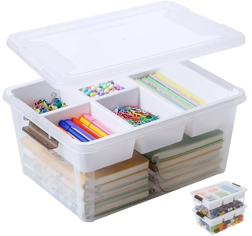 MACOPRO 16L Plastic Storage Box with Removable Tray Craft Organizers and Storage Clear Storage Container for Organizing Bead, Tool, Sewing, Playdoh (White, 1Pack-16L)