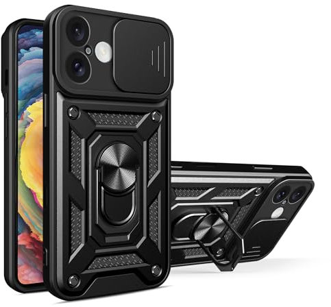Knoowcase for iPhone 16 Case with Slide Camera Protector Phone Case Built-in Ring Kickstand Armour Military Shockproof Protective Cover compatible with Magnetic Car Mount iPhone 16 Case, Black