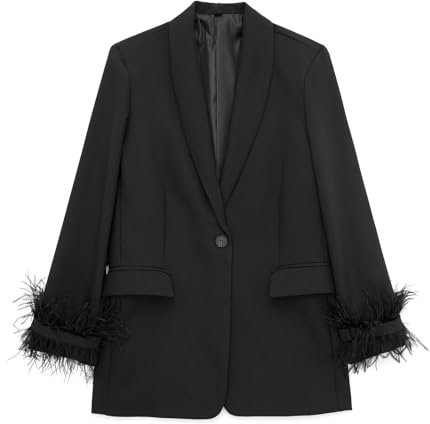 Casua - Blazer da donna con orlo in piuma, giacca leggera e pantaloni a gamba larga, set da due pezzi, E, M