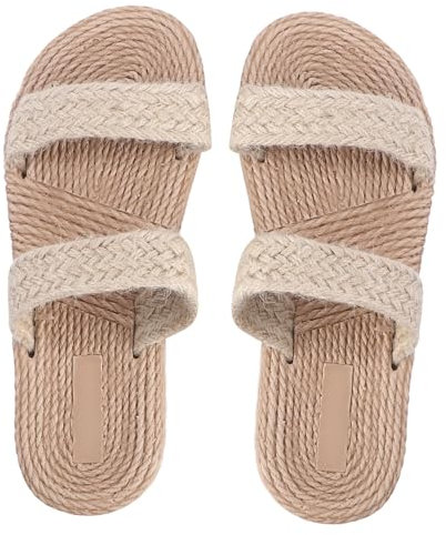 LIFKOME Sandales en Paille Tissée Bohèmes, Pantoufles Plates en Paille Factice, Chaussures D'été Beige Taille 39, Sandales de Plage Confortables pour Femmes, Style Décontracté Bord de Mer