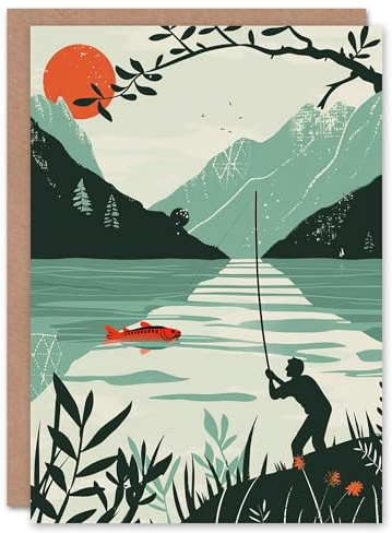 Artery8 Angling Line Fishing Mountain Lake Landscape Blank For Him Or Her Art Birthday Card
