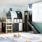 IKAYAA Cama Alta para Niños con Tobogán y Escalera de Madera Pino, Cama Infantil Alta 90 x 200 cm con Tobogán, Cama Niño Infantil con Ventana y Torre Negro