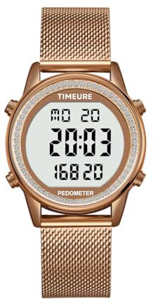 TIMEURE Damen Schrittzähler Uhr, Stilvolles Design, gut ablesbar, zeichnet Kalorien, Schritte, Kilometerstand, Countdown und Alarm auf, mit Hintergrundbeleuchtung, TU-2401(Kaffee mit Diamanten)
