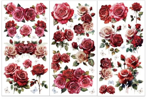 OLYCRAFT 3 Stück/Set Rote Rose Zum Aufreiben von Transfers Für Möbel Und Kunsthandwerk 15x30cm Schmetterlings Möbelaufkleber Rosa Rose Transferaufkleber Zum Aufreiben von Abziehbildern