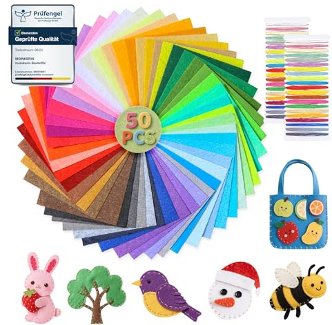 moinkerin 50 Farben Bastelfilz 1mm mit Nähgarn 10x10cm Filzstoff Basteln | 50 Stück Filz Basteln für DIY, Filzplatten für Handarbeiten Patchwork Dekoration Nähen Weihnachten