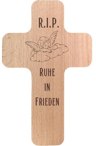Geschenkissimo R.I.P. Ruhe in Frieden Holzkreuz mit Gravur Buche ca 20x12 cm - Bohrung zum Aufhängen auf Rückseite- Beerdigung Kreuz Trauerkreuz Wand Dekoration - Geschenkidee