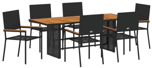 vidaXL 7 Piece Black Poly Rattan Garden Dining Set Stackable Chairs with Cushions - Set of 2 Black Poly Rattan