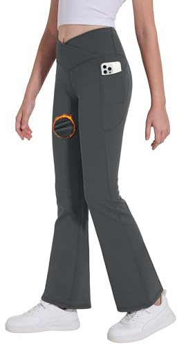 Desol Pantalon à motif croisé thermique pour filles avec poches pour adolescentes Leggings élastiques évasés pour le sport et le yoga Pantalon de sport Idéal pour la gymnastique et le jogging, gris