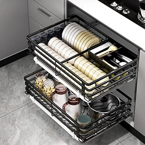 Expandable Kitchen Drawer 2-Tier Stainless Steel 304 Under-Sink Storage Basket Metal Sliding Bins for Pots and Pans Kitchen n System