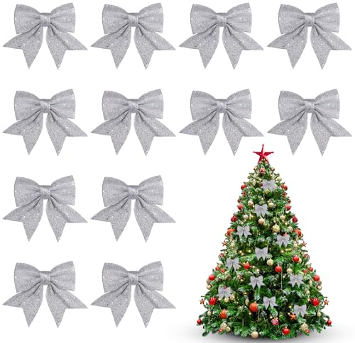 12 Stück Weihnachtsschleifen, 12x14cm Schleifen Weihnachtsbaum, Weihnachten Glitzer Schleifen, Weihnachtsbaumschmuck Deko für Weihnachtsbaum Weihnachtskranz Tannenbaum (Silbern)