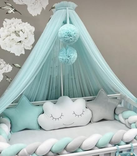 Baby Fancyroom Betthimmel für Babybett, Prinzessin Babywiege, Moskitonetz, Beistellbett Himmel, Babyzimmer Deko, Baldachin Premium Tüll (Mintgrün, Betthimmel mit Bommel)