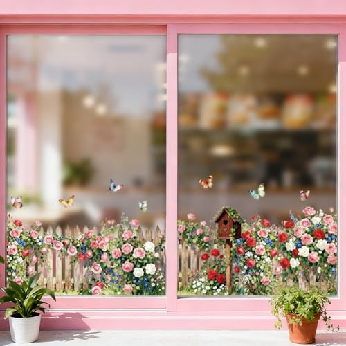 ANATTASOUL Rosen und Zaun Fensterbilder for Frühling Sommer | Doppelseitig Blickdichter Badezimmer Fensterbilder Kinderzimmer Wiederverwendbare Fensterbilder Frühling for Winter Herbst